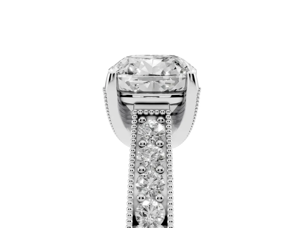 Cushion Cut Cut Diamond Solitaire Ring with Milgrain Pave Band and Four Prong Setting Silver
