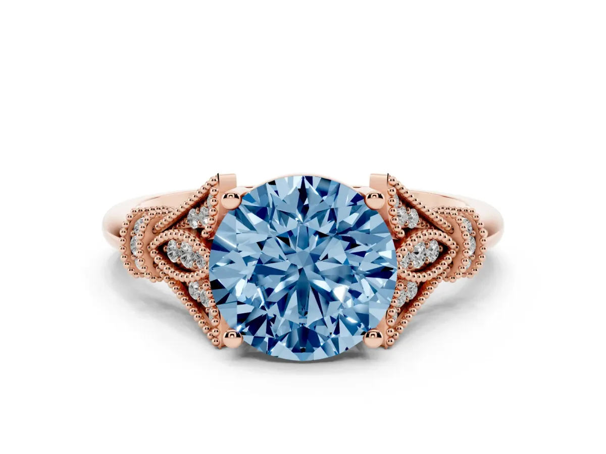 Fancy Blue Round Cut Diamond Solitaire Ring with Floral Filigree and Pave Accents Rose gold