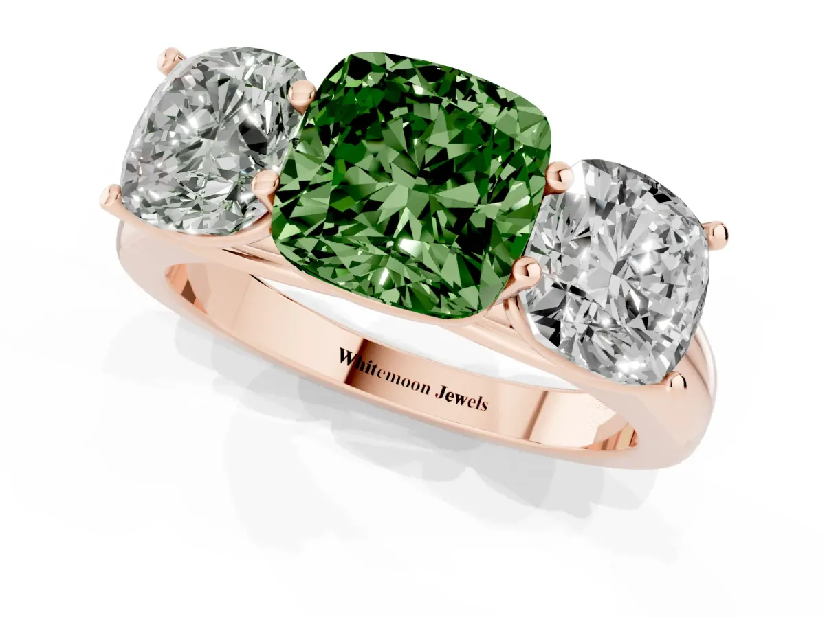 Fancy Green Cushion Cut Three-Stone Diamond Ring with Prong Setting on a Classic Band Rose gold