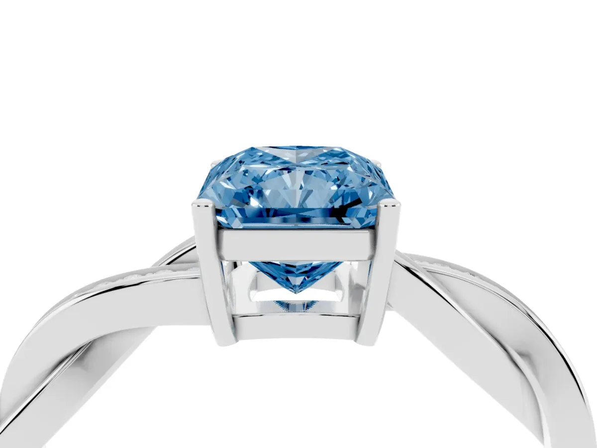 Fancy Blue Radiant Cut Solitaire Twisted Pave Diamond Ring with Four-Prong Setting Silver