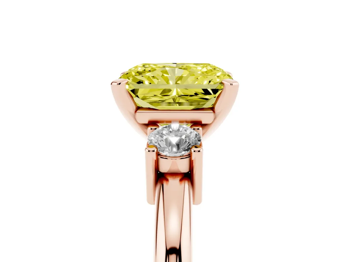 Fancy Yellow Three-Stone Radiant Cut Cut Diamond Solitaire with Prong Setting and Classic Band Rose gold