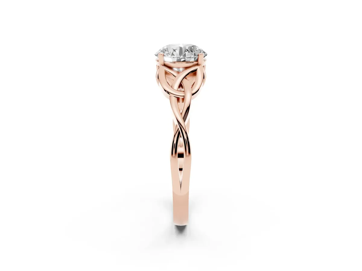 Round Cut Diamond Solitaire Engagement Ring with Celtic Knot Band and Four-Prong Setting Rose gold
