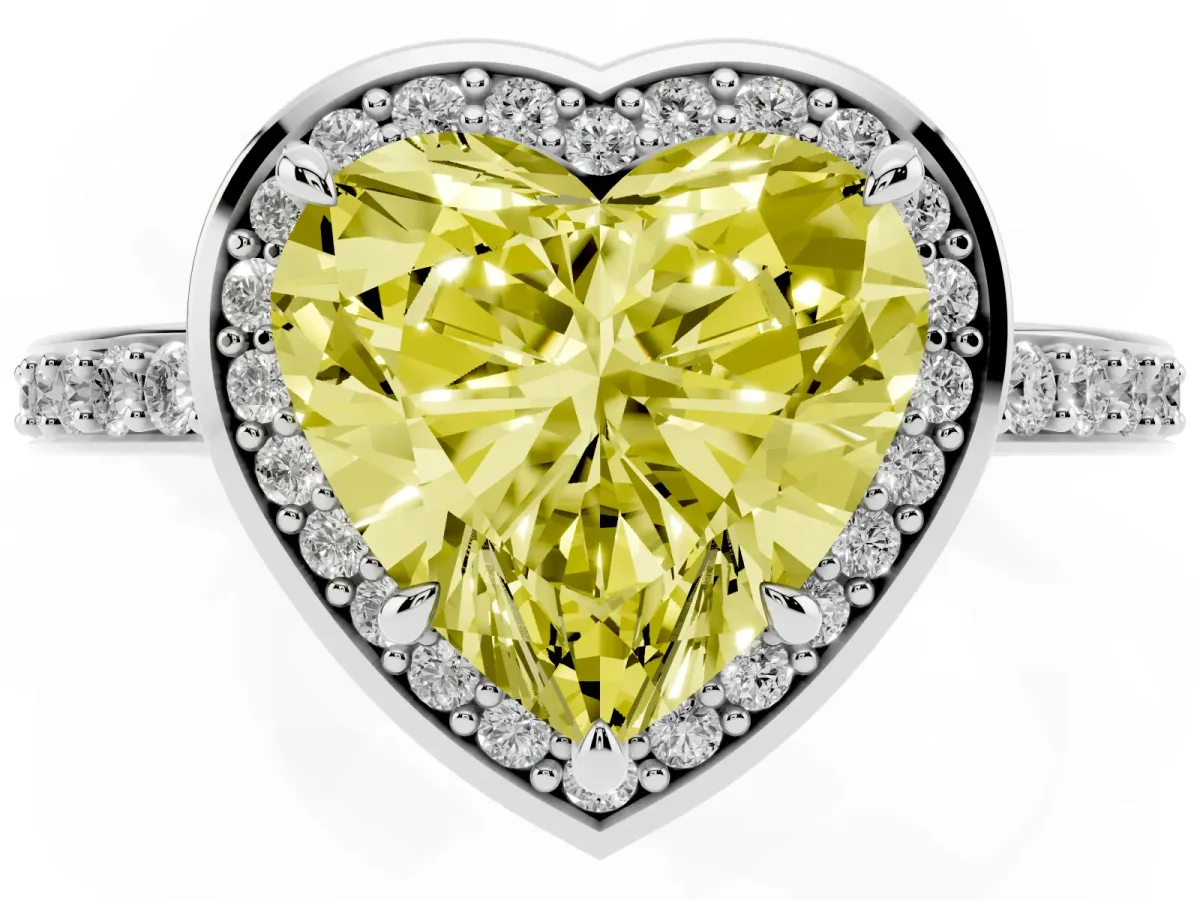 Fancy Yellow Heart Cut Halo Pave Band Solitaire Ring with Prong Setting White gold
