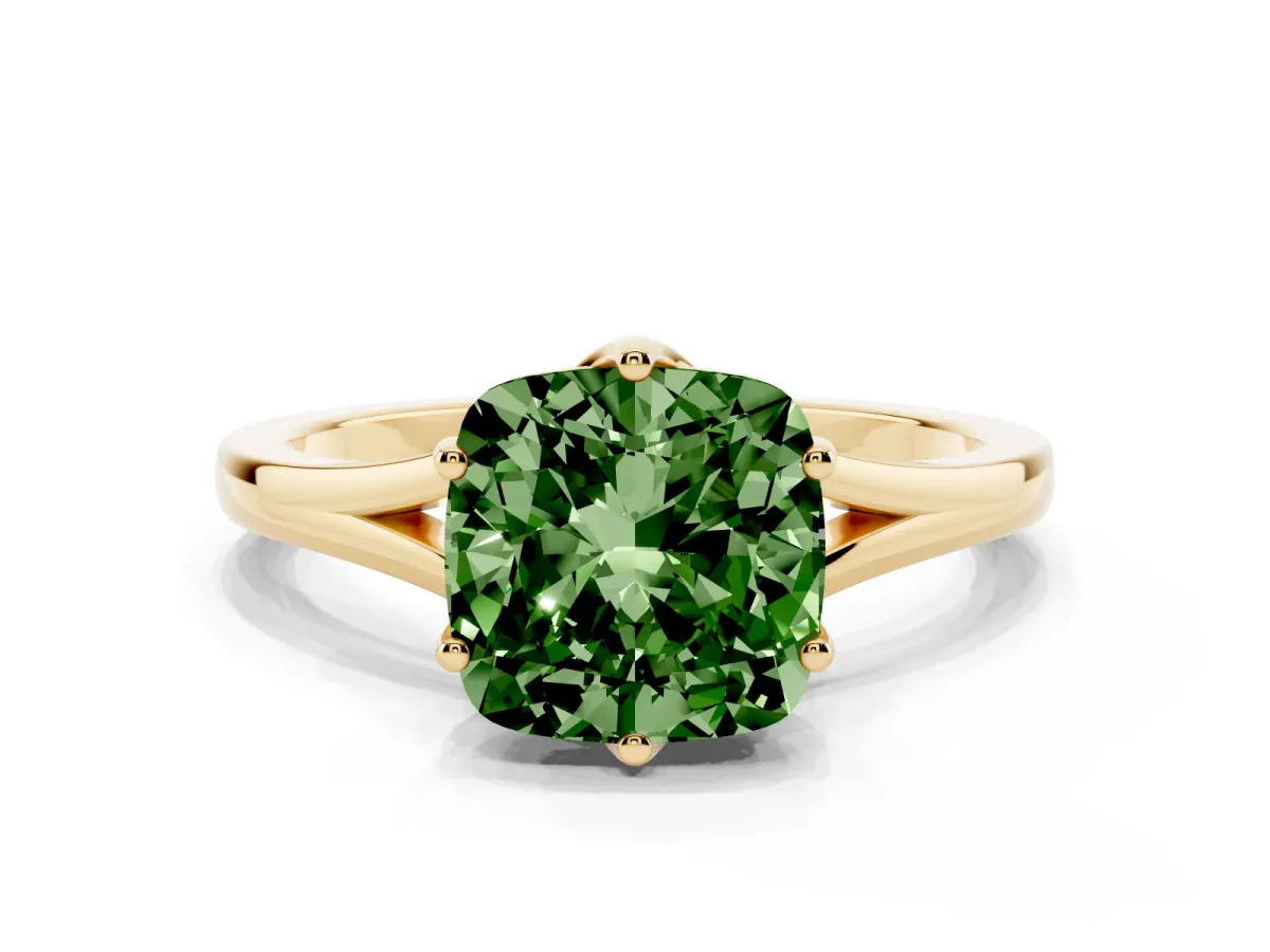 Fancy Green Cushion Cut Solitaire Diamond Ring with Six-Prong Setting and Tapered Band Yellow gold