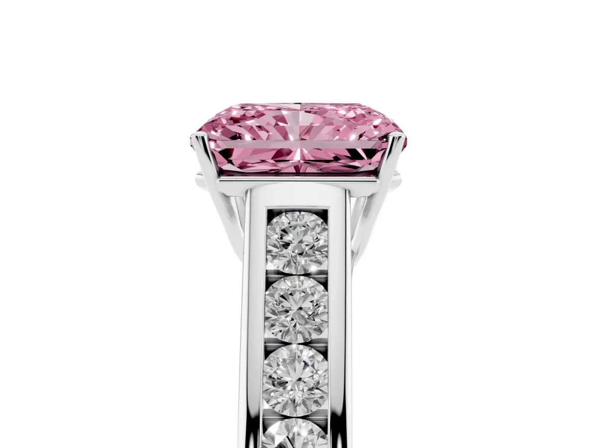 Fancy Pink Radiant Cut Solitaire Channel-Set Diamond Engagement Ring with Four-Prong Setting Silver