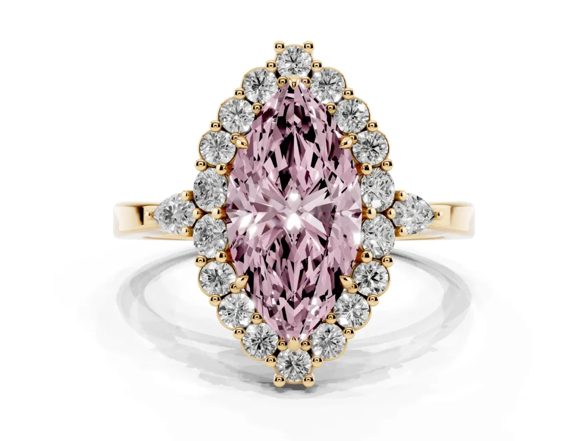 Fancy Pink Marquise Cut Diamond Halo Ring with Pear Side Stones and Prong Setting Yellow gold
