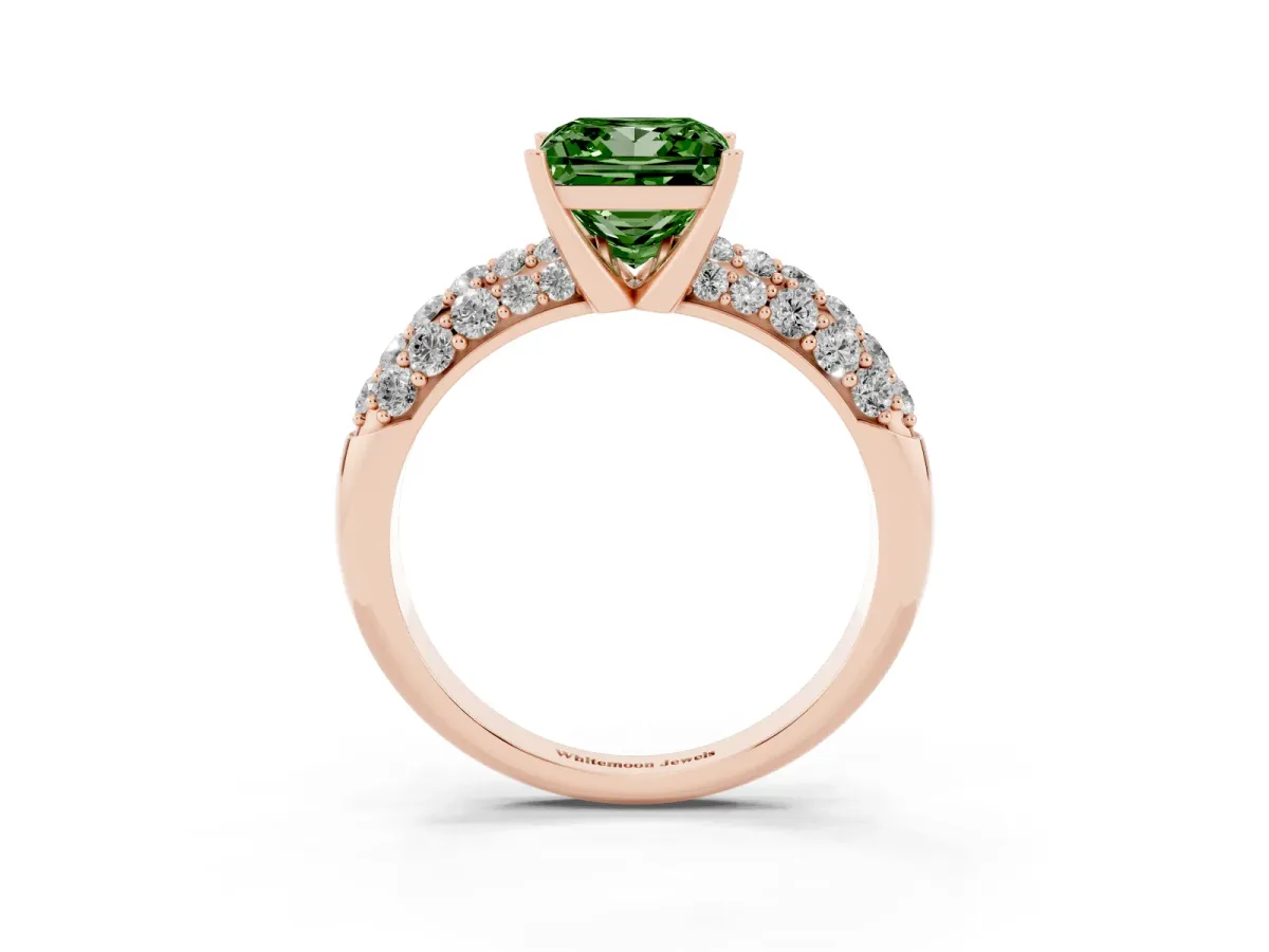 Fancy Green Princess Cut Diamond Pavé Band Solitaire Ring with Four-Prong Setting Rose gold