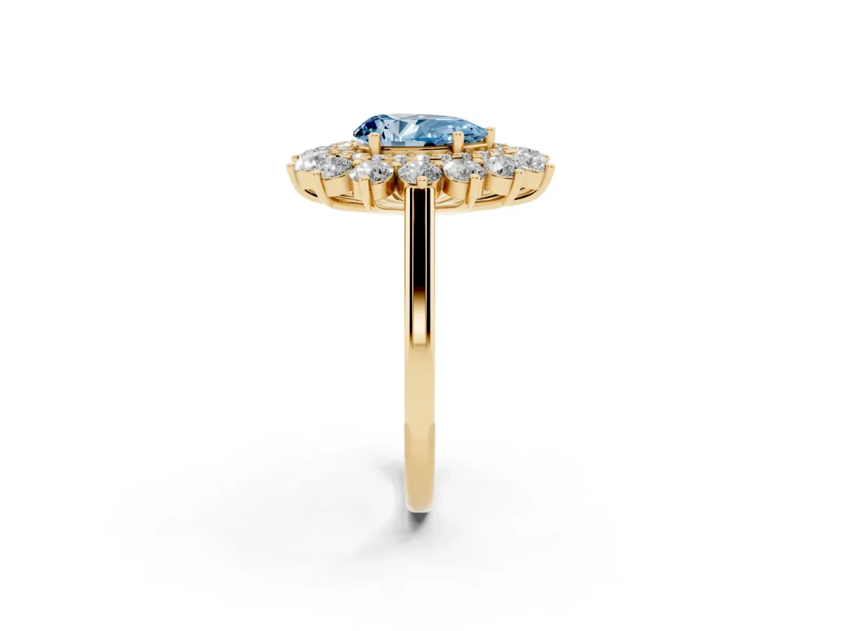 Fancy Blue Pear Cut Diamond Floral Double Halo Engagement Ring with Prong Setting Yellow gold