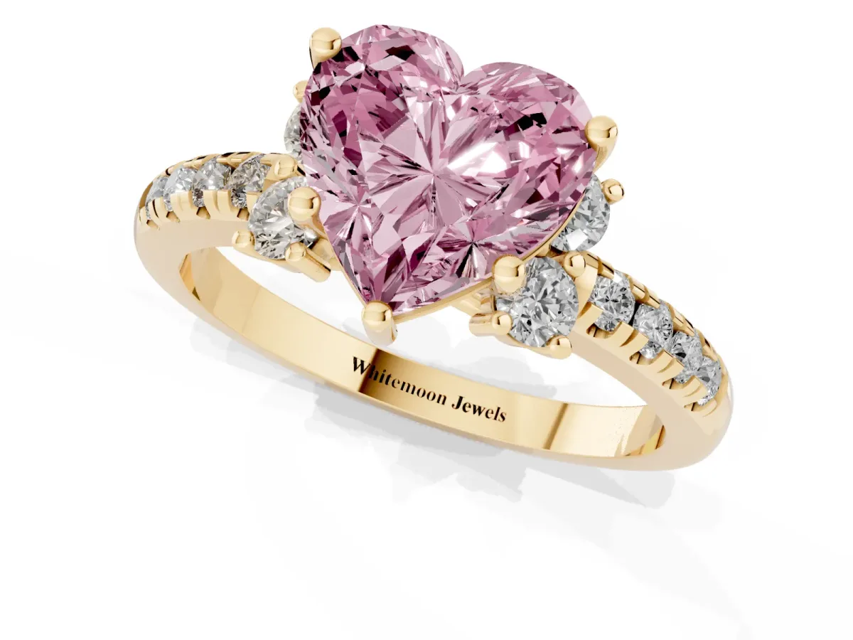 Fancy Pink Heart Cut Diamond Three-Stone Pave Band with Four-Prong Setting Yellow gold