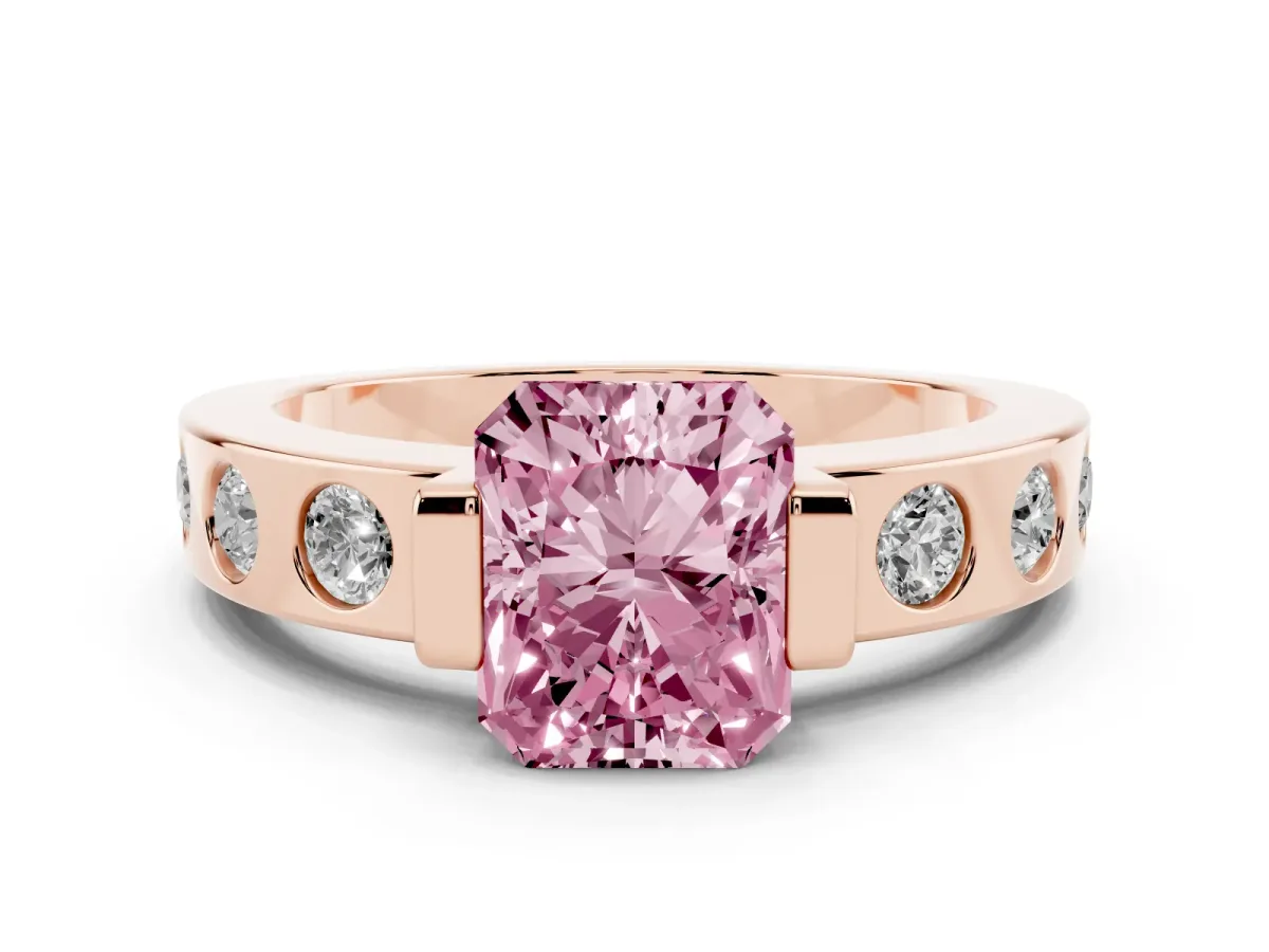 Fancy Pink Radiant Cut Brilliant Channel-Set Diamond Ring with Bezel Prong Setting Rose gold