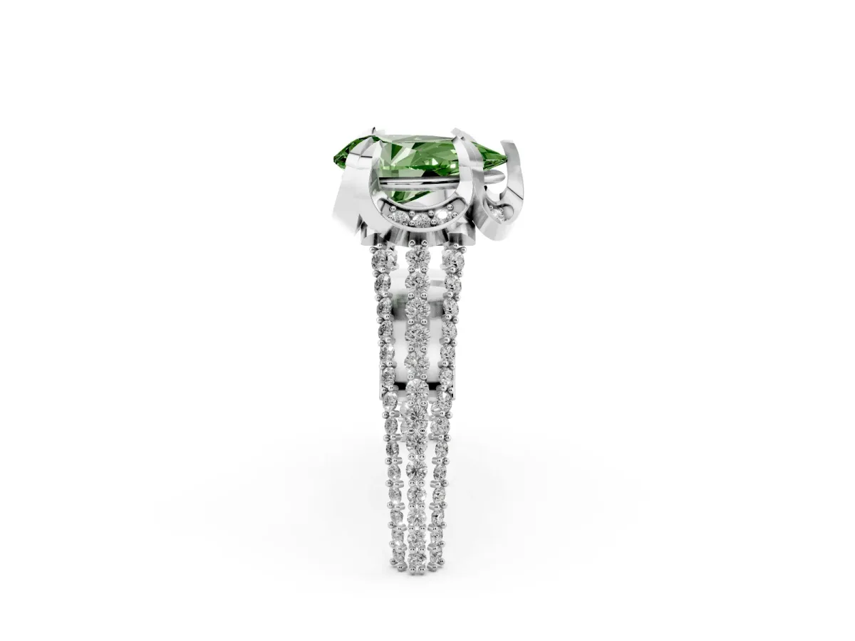 Fancy Green Pear Cut Solitaire Pave Split Shank Ring with Four-Prong Setting Silver