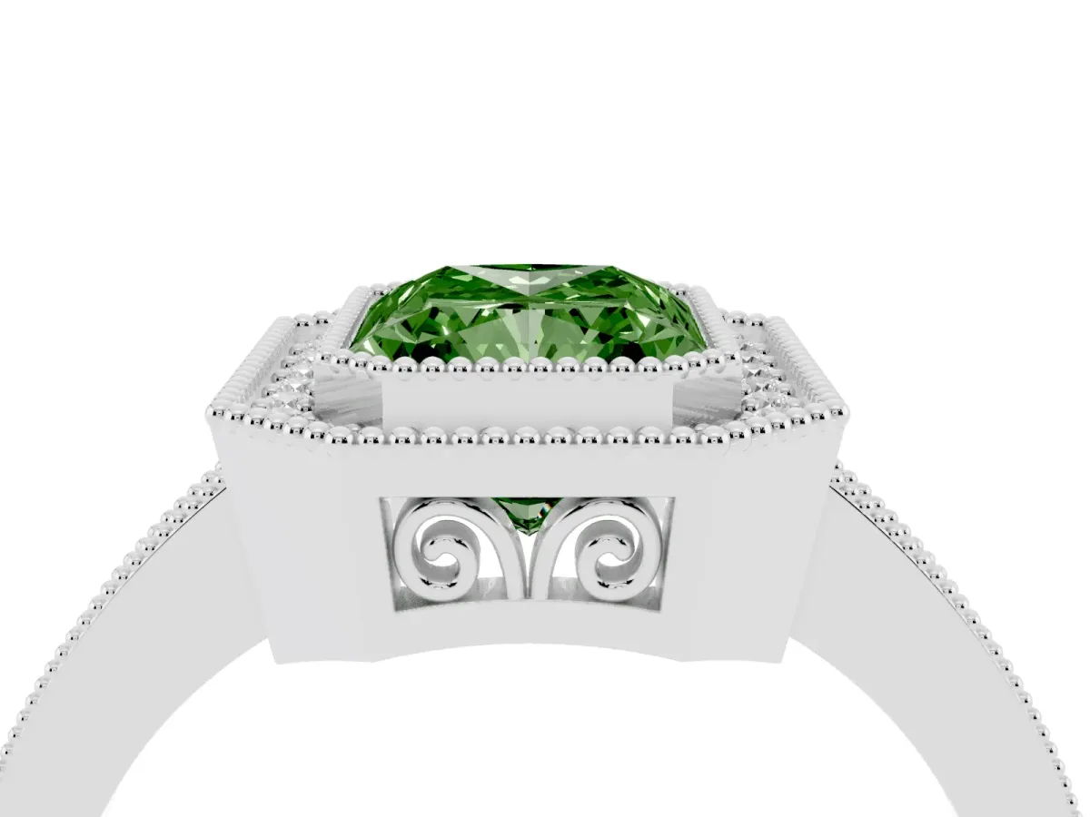 Fancy Green Radiant Cut Cut Halo Diamond Ring with Pavé Band and Milgrain Prong Setting Platinum