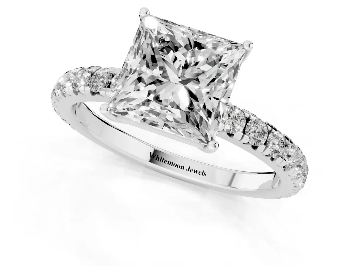 Princess Cut Diamond Pavé Solitaire Engagement Ring with Four-Prong Setting Platinum