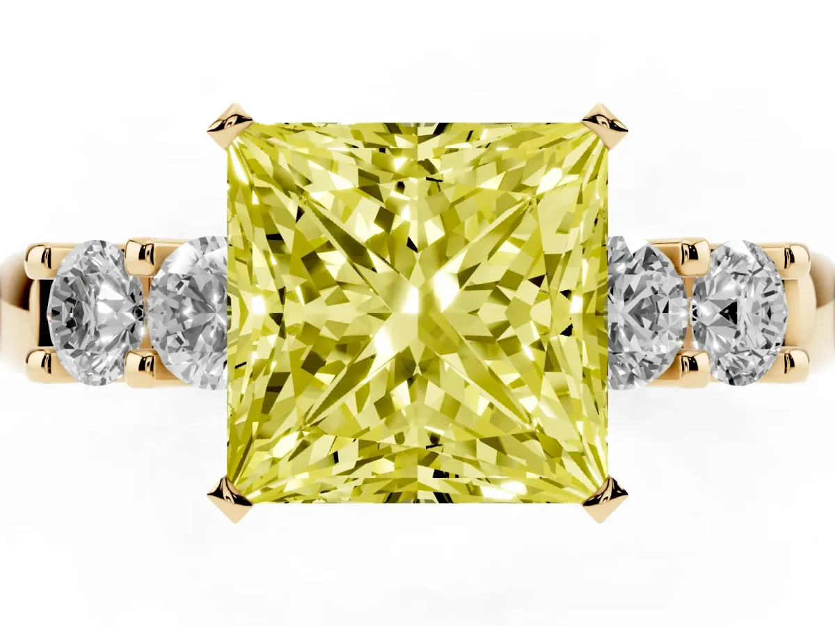 Fancy Yellow Princess Cut Brilliant Cut Diamond Five-Stone Prong Set Engagement Ring with Channel Band Yellow gold