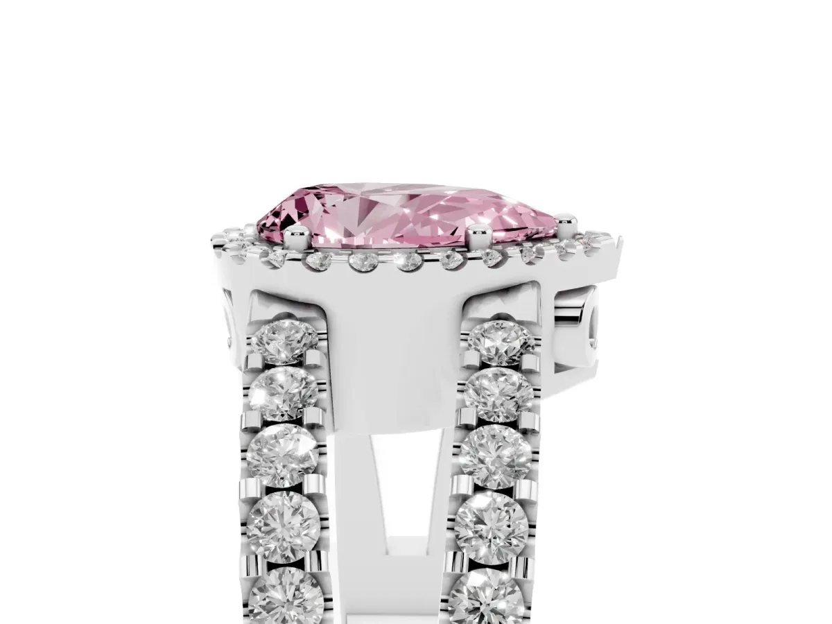 Fancy Pink Pear Cut Cut Halo Split Shank Diamond Ring with Four-Prong Setting Platinum