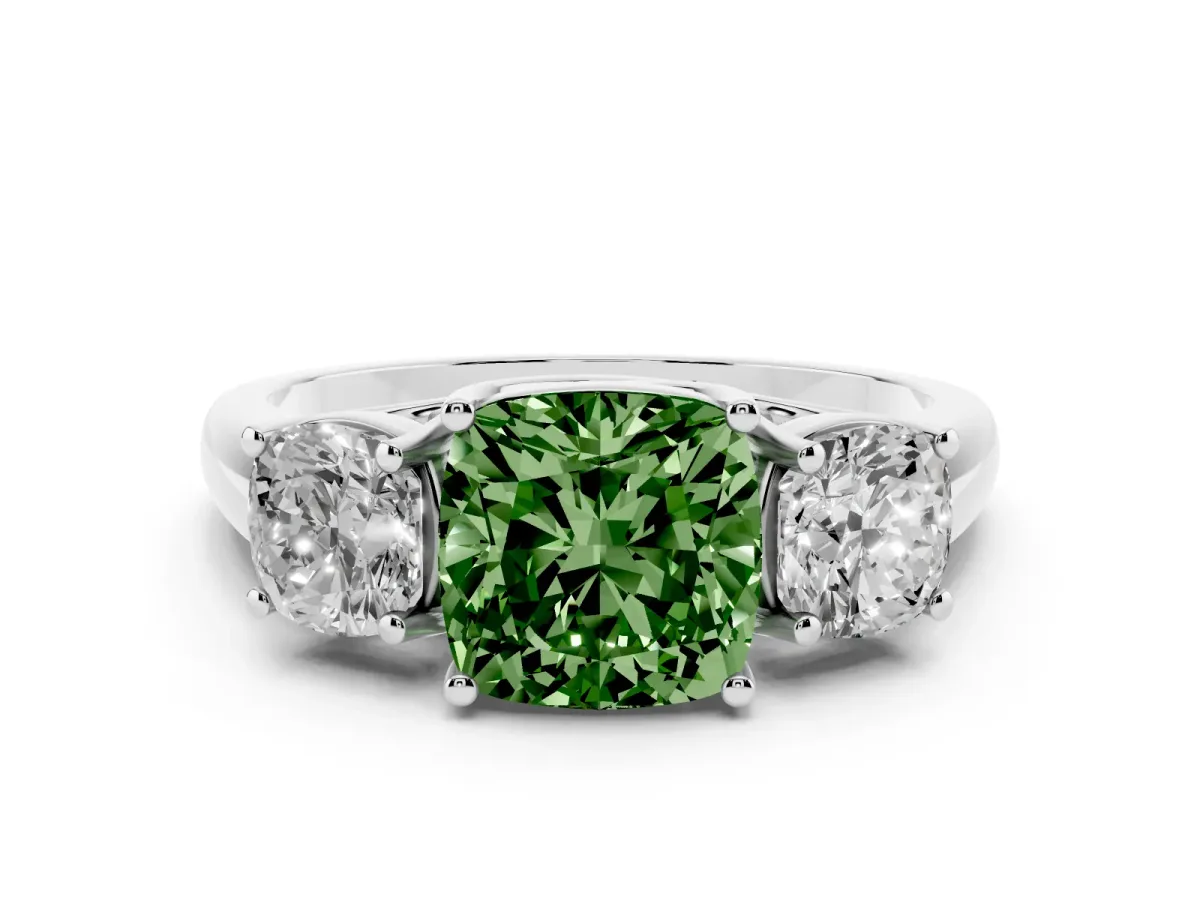 Fancy Green Three-Stone Cushion Cut Diamond Engagement Ring with Prong Setting White gold