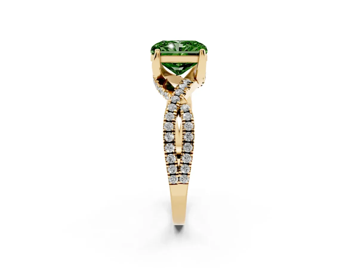 Fancy Green Radiant Cut Solitaire Twist Pave Diamond Engagement Ring with Prong Setting Yellow gold