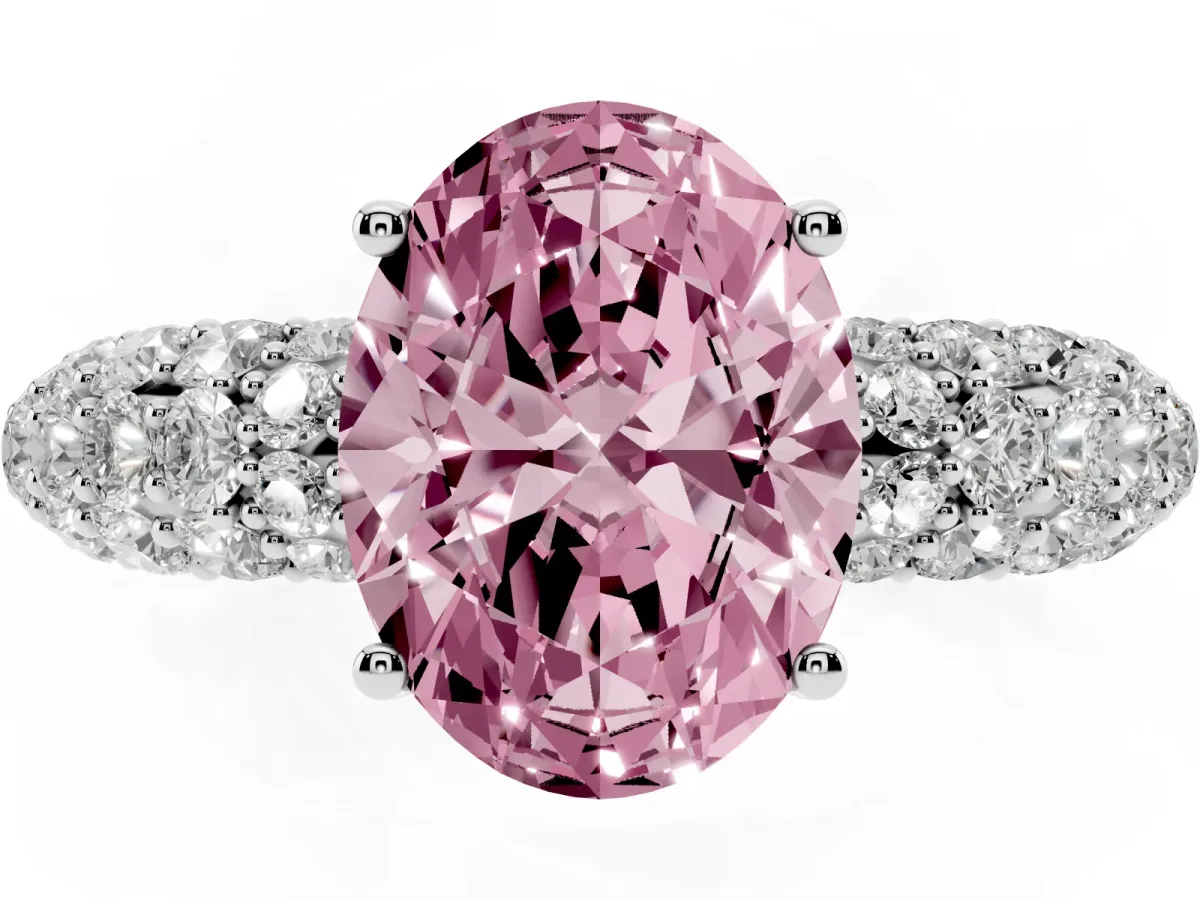 Fancy Pink Oval Cut Diamond Pavé Band Solitaire Ring with Four-Prong Setting White gold