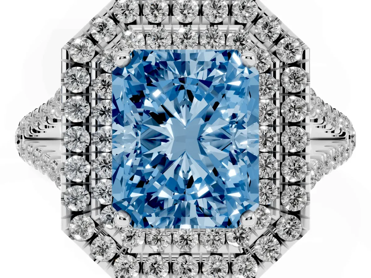 Fancy Blue Radiant Cut Diamond Double Halo Ring with Pavé Band and Prong Setting White gold