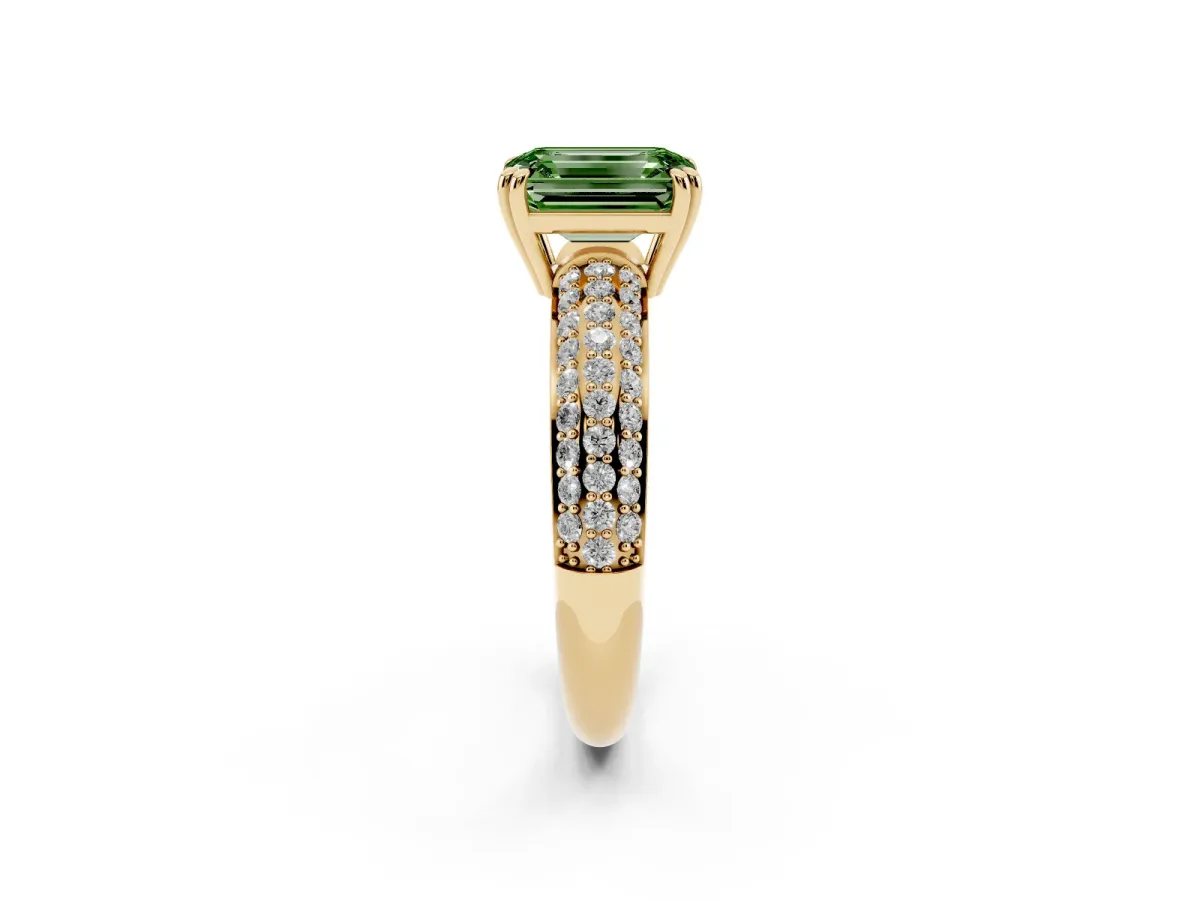 Fancy Green Emerald Cut Diamond Solitaire Ring with Multi-Row Round Pavé Band and Prong Setting Yellow gold