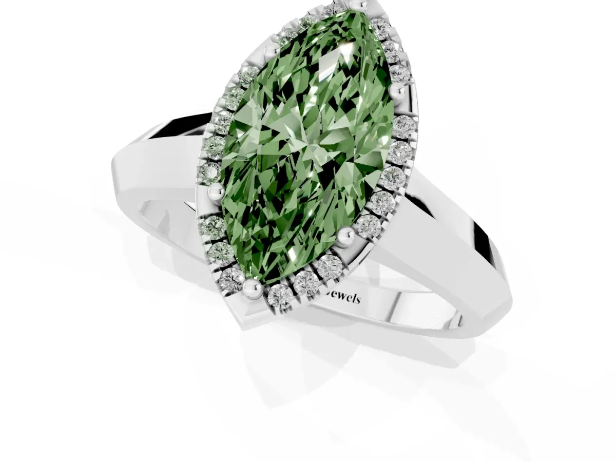 Fancy Green Marquise Cut Halo Diamond Ring with Cathedral Band and Four-Prong Setting Platinum