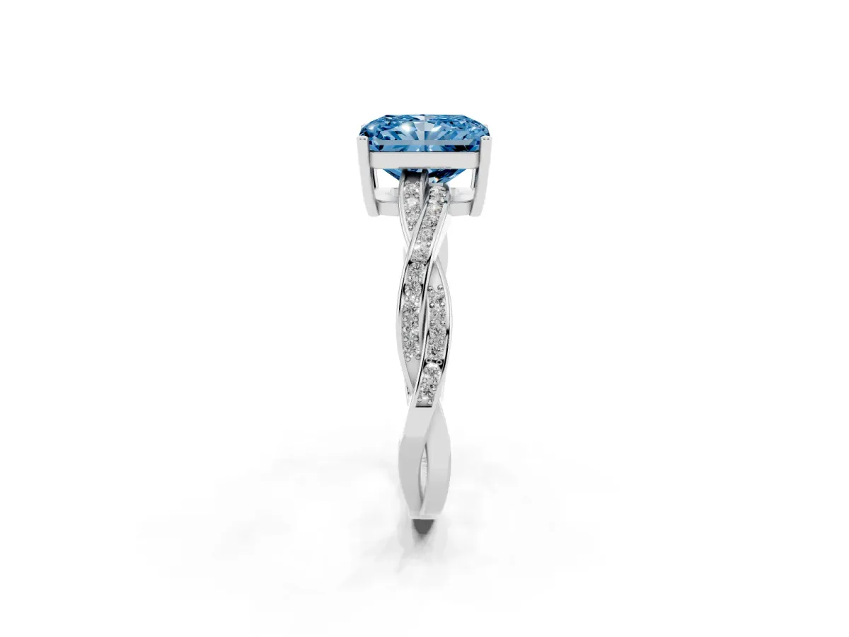 Fancy Blue Radiant Cut Solitaire Twisted Pave Diamond Ring with Four-Prong Setting Silver