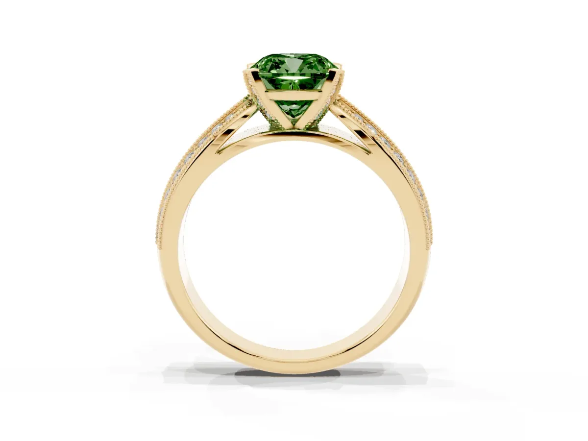 Fancy Green Cushion Cut Diamond Solitaire Ring with Milgrain Round Pavé Band and Prong Setting Yellow gold