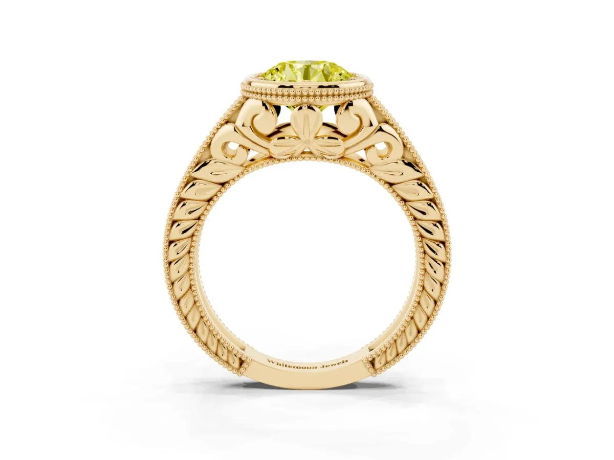 Fancy Yellow Bezel Set Round Cut Diamond Milgrain Pave Engagement Ring Yellow gold