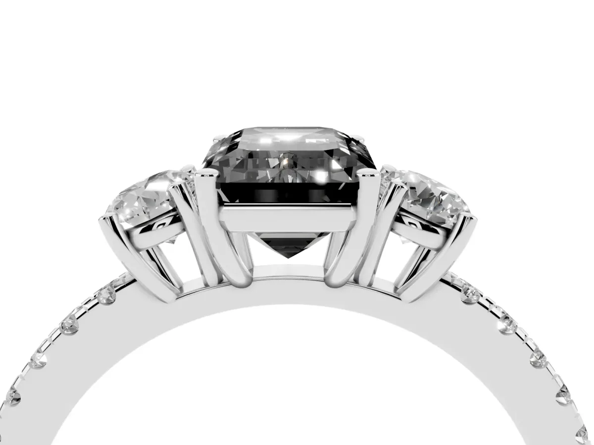 Fancy Black Three-Stone Emerald Cut Cut Diamond Pavé Band with Prong Setting Silver