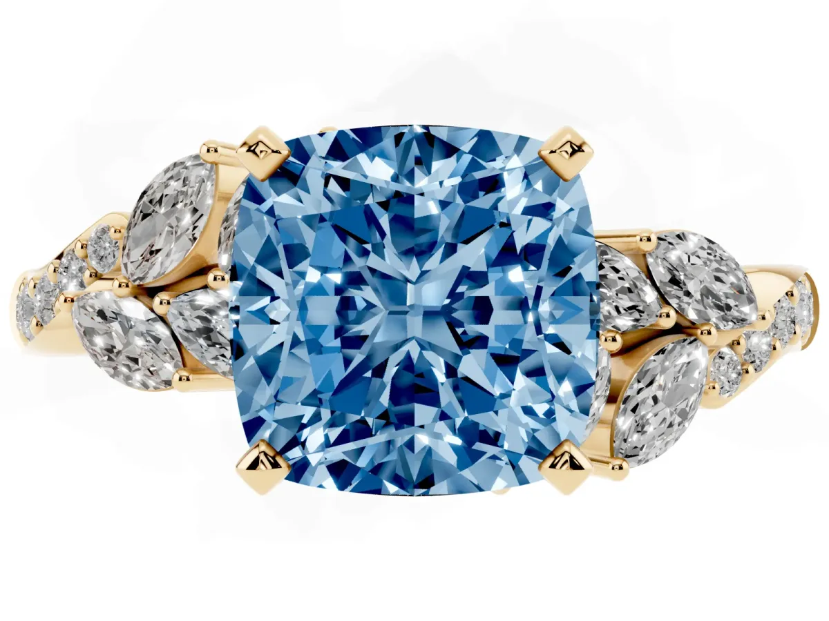 Fancy Blue Cushion Cut Solitaire Marquise Twist Band with Six-Prong Setting Yellow gold