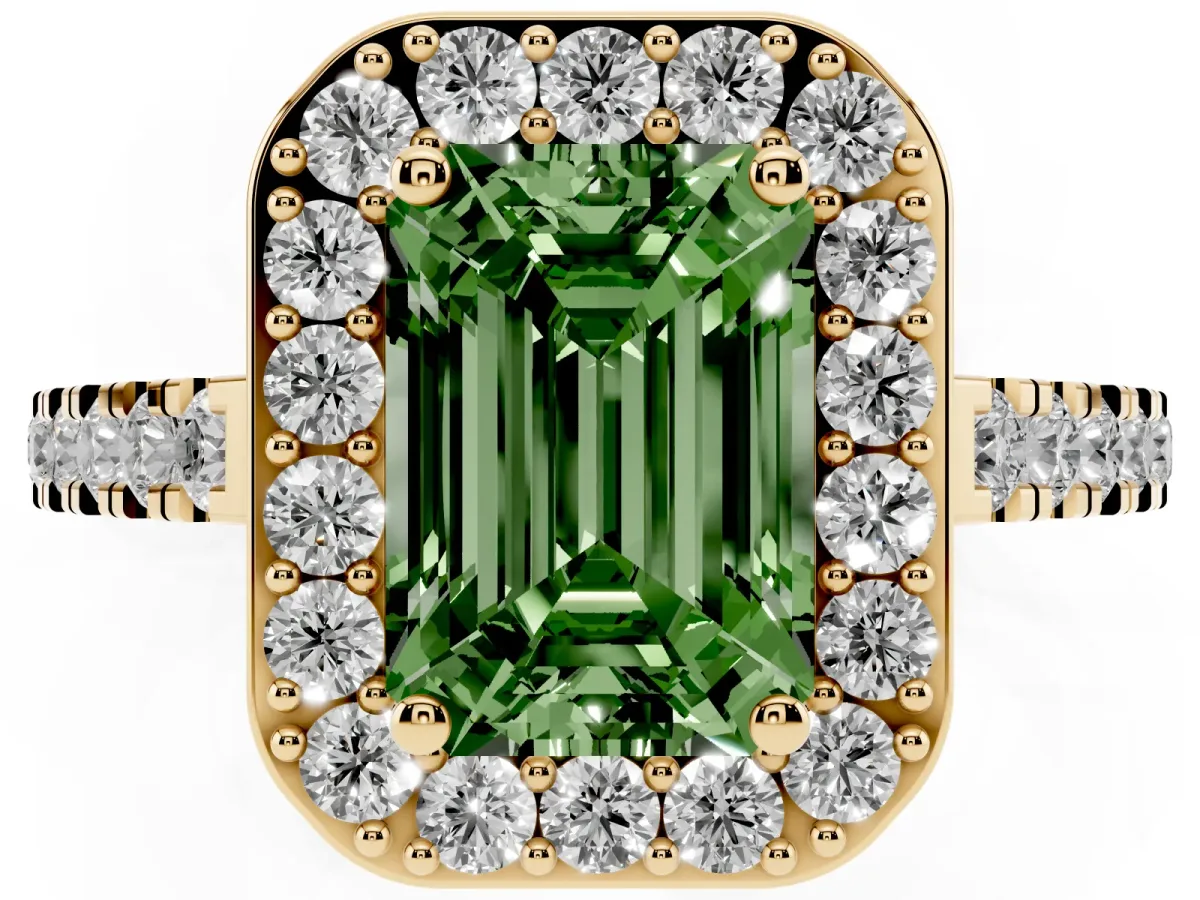 Fancy Green Emerald Cut Diamond Halo Ring with Round Pavé Split Shank and Prong Setting Yellow gold