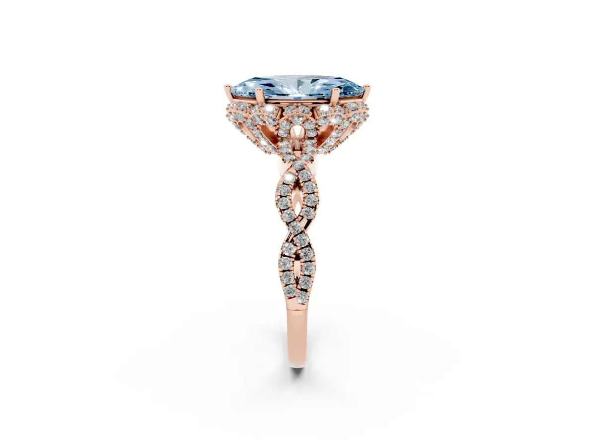 Fancy Blue Marquise Cut Halo Twist Band Solitaire Ring with Six-Prong Setting Rose gold