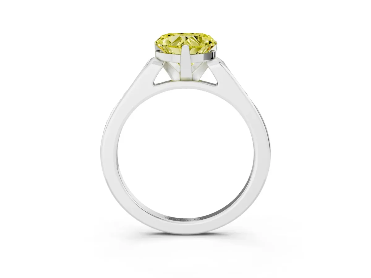 Fancy Yellow Heart Cut Diamond Solitaire Ring with Channel Set Round Band and Prong Setting Silver