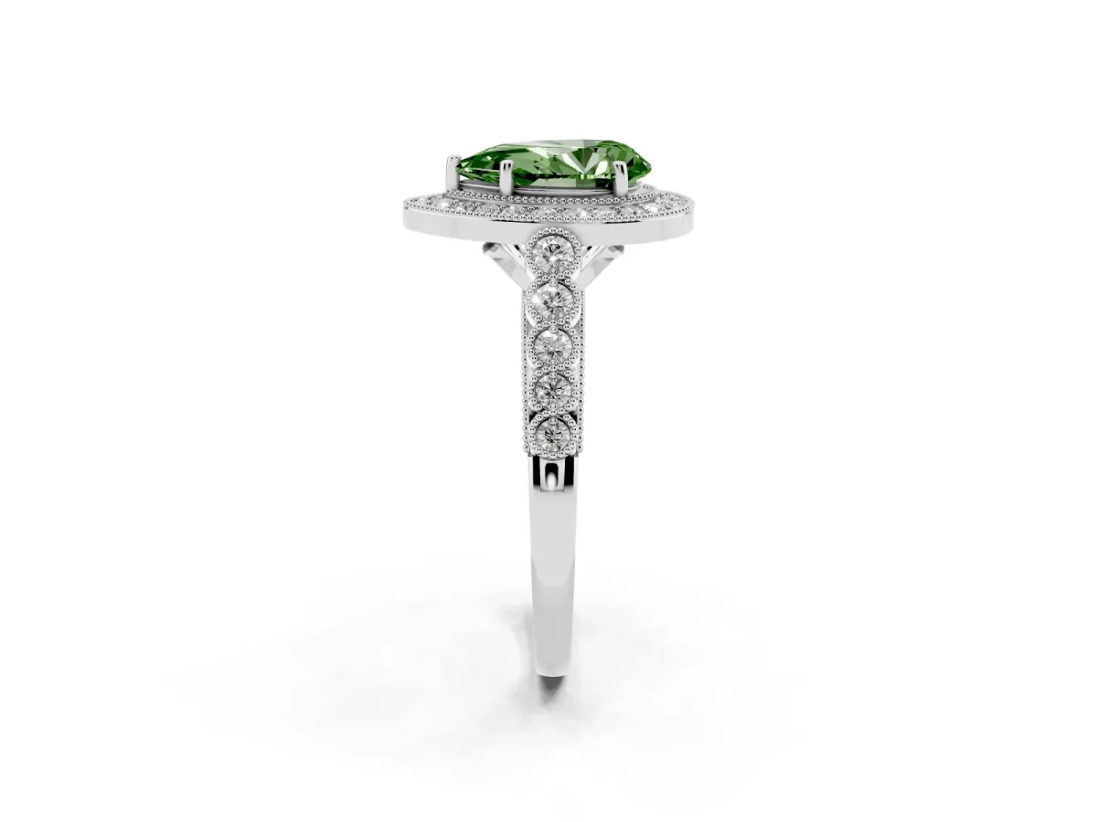 Fancy Green Pear Cut Halo Milgrain Solitaire with Bezel Set Side Stones and Pave Band Silver