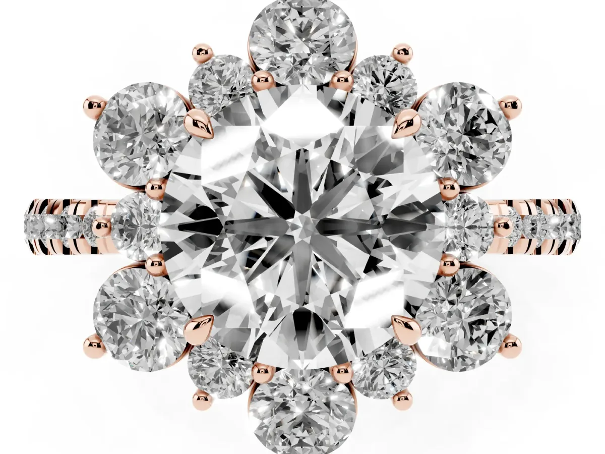 Round Cut Diamond Floral Halo Ring with Round Pavé Band and Prong Setting Rose gold
