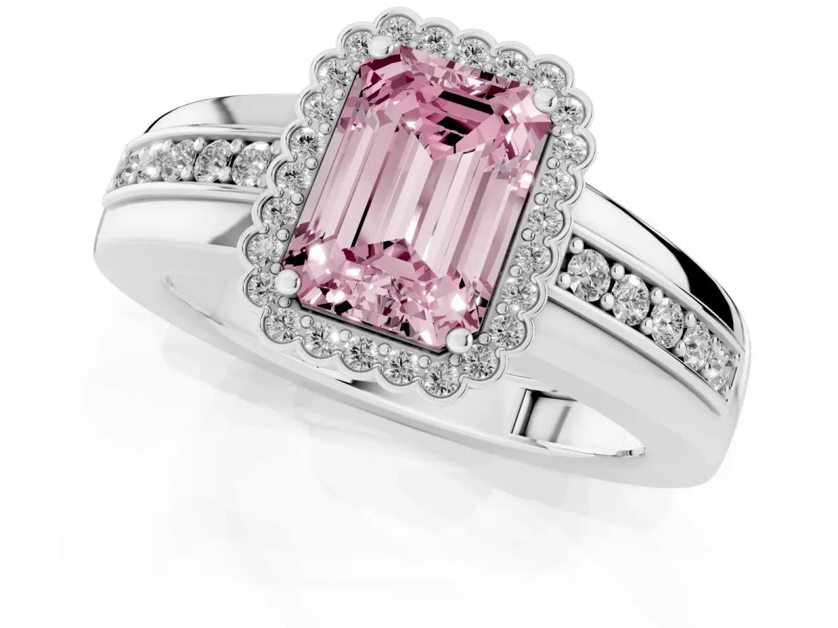 Fancy Pink Emerald Cut Cut Halo Pave Band Four-Prong Ring Silver