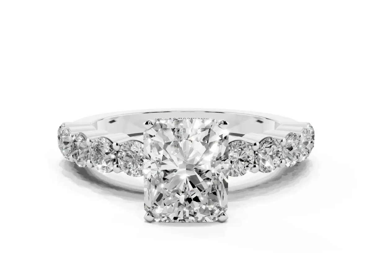 Radiant Cut Diamond Solitaire Ring with Shared Prong Round Side Stones Silver