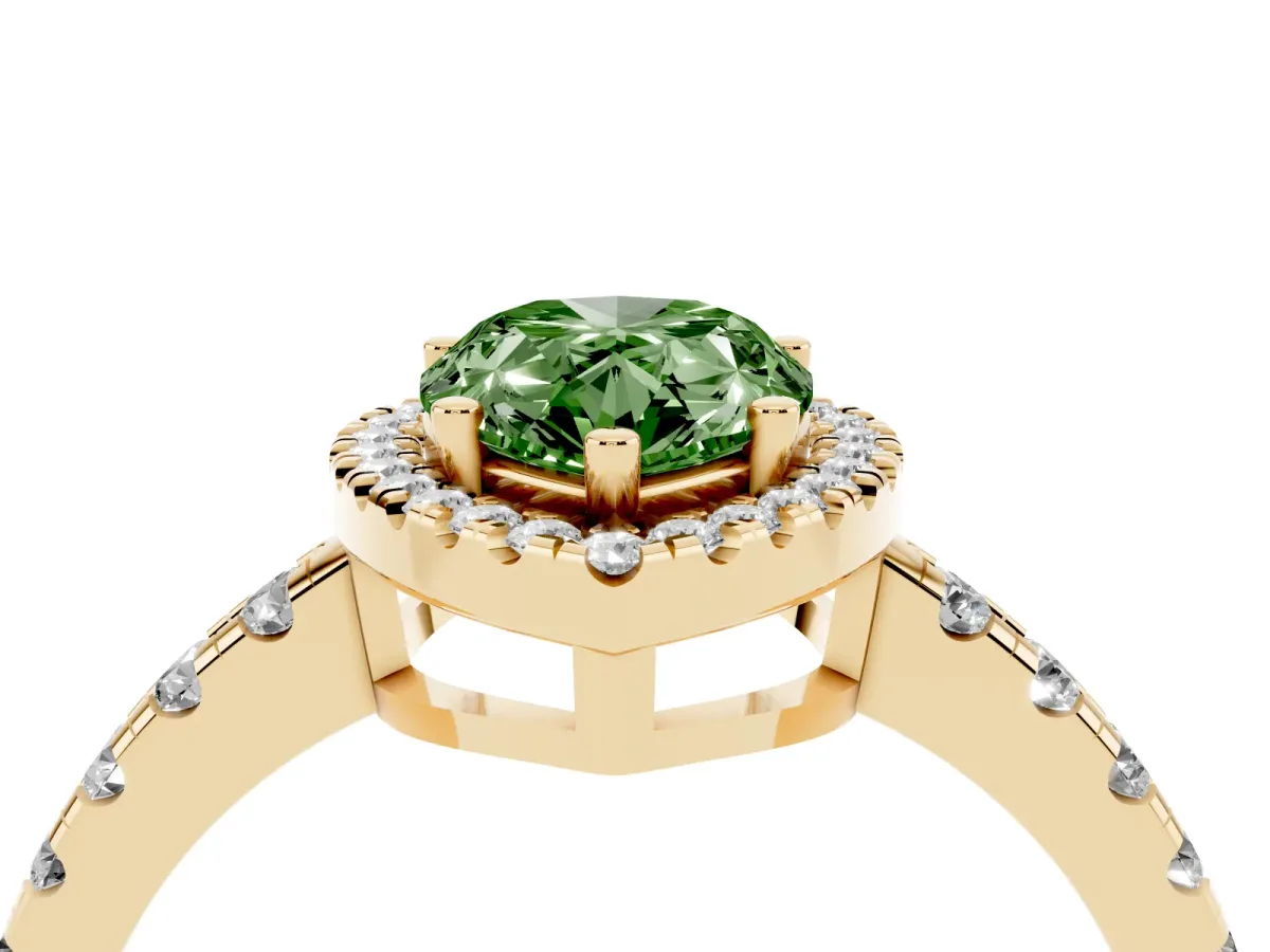 Fancy Green Pear Cut Diamond Halo Ring with Pavé Band and Four-Prong Setting Yellow gold