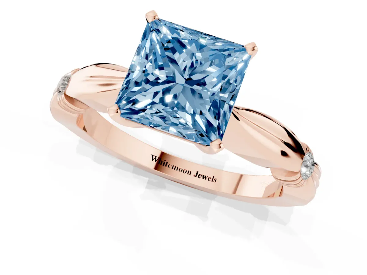 Fancy Blue Princess Cut Solitaire Diamond Twisted Band with Four-Prong Setting Rose gold