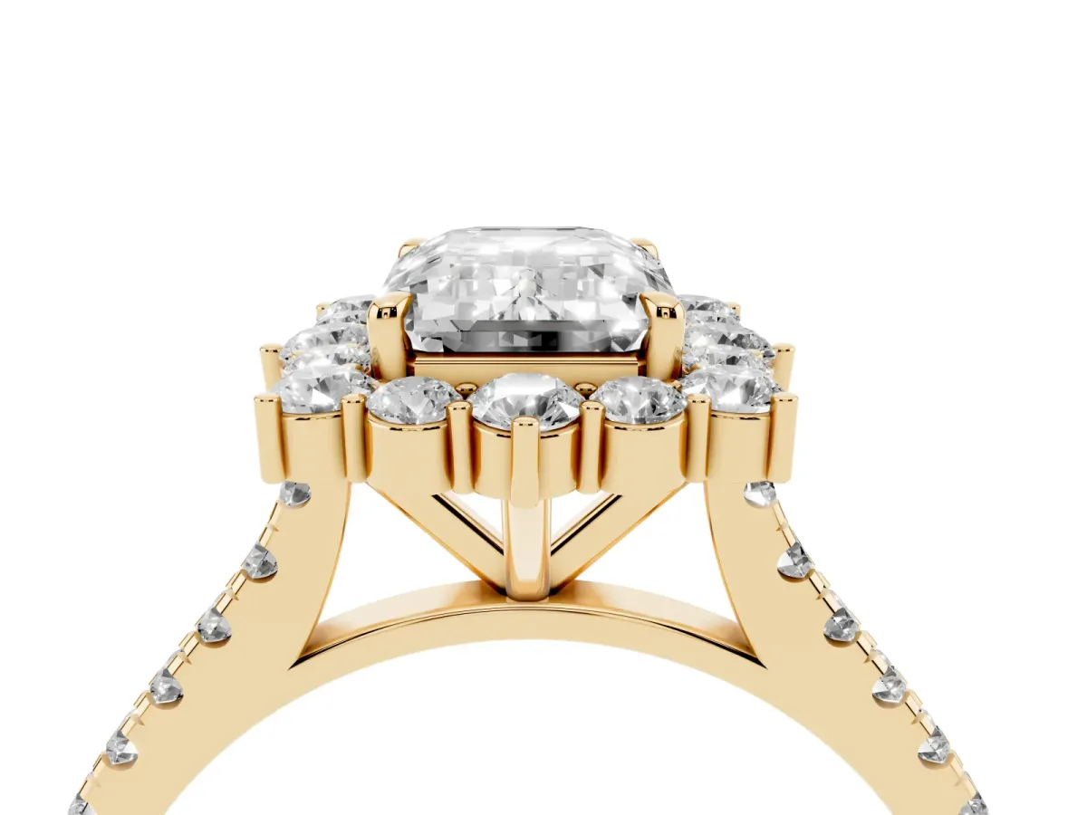 Emerald Cut Halo Diamond Ring with Pavé Band and Prong Setting Yellow gold