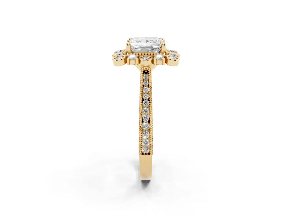 Princess Cut Halo Milgrain Pave Diamond Ring with Four-Prong Setting Yellow gold