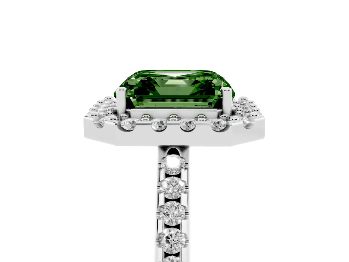 Fancy Green Asscher Cut Diamond Pavé Halo Ring with Four-Prong Setting Silver