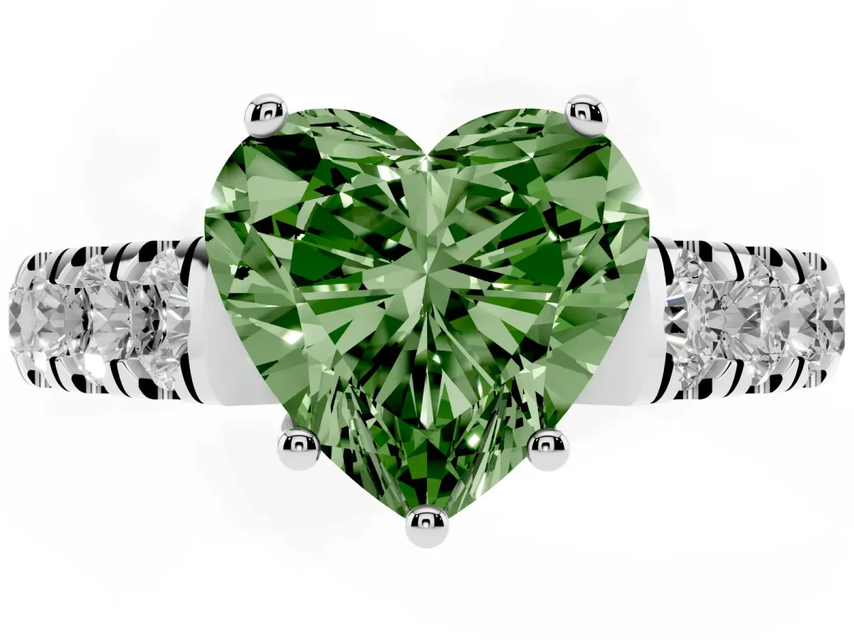 Fancy Green Heart Cut Cut Diamond Solitaire Ring with Micro Pave Band and Prong Setting Silver
