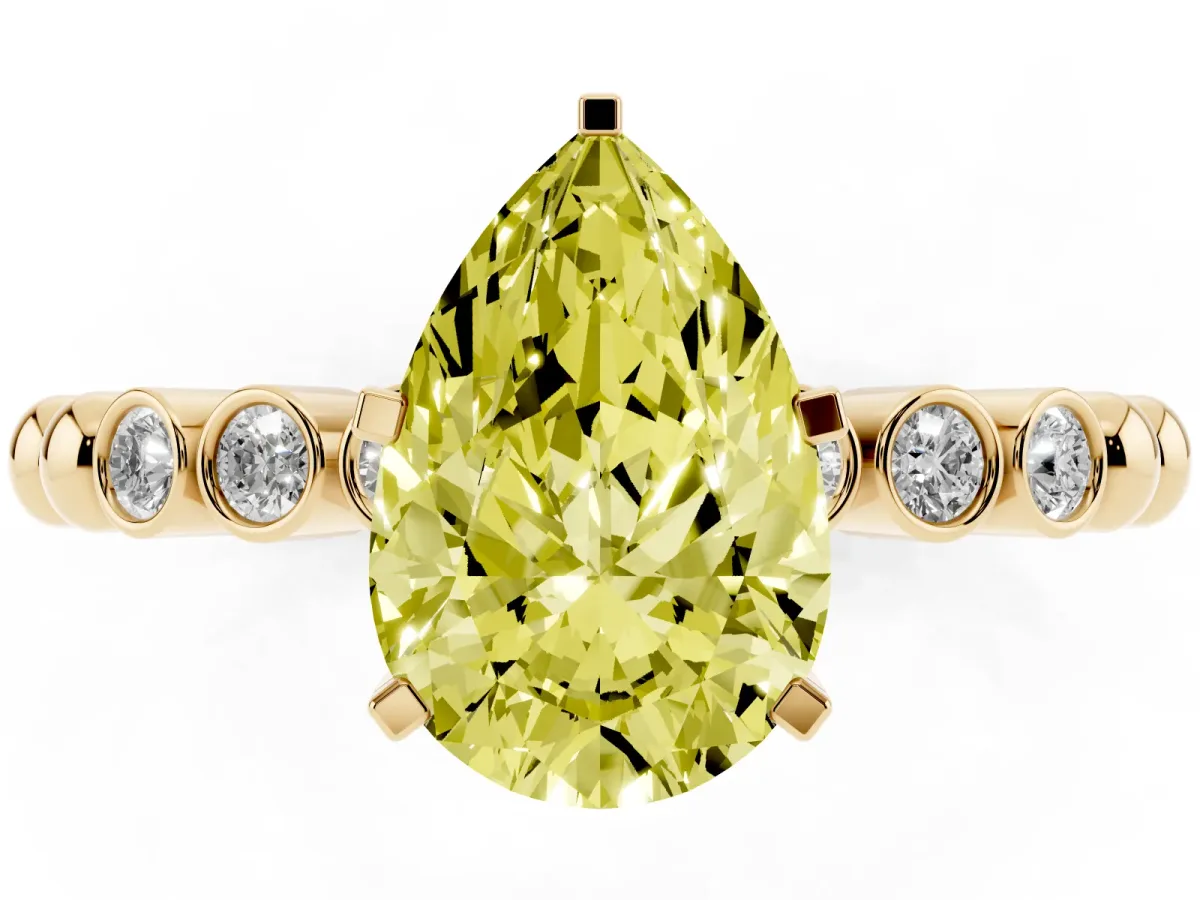 Fancy Yellow Pear Cut Solitaire Bezel Accent Diamond Engagement Ring with Beaded Band and Four-Prong Setting Yellow gold