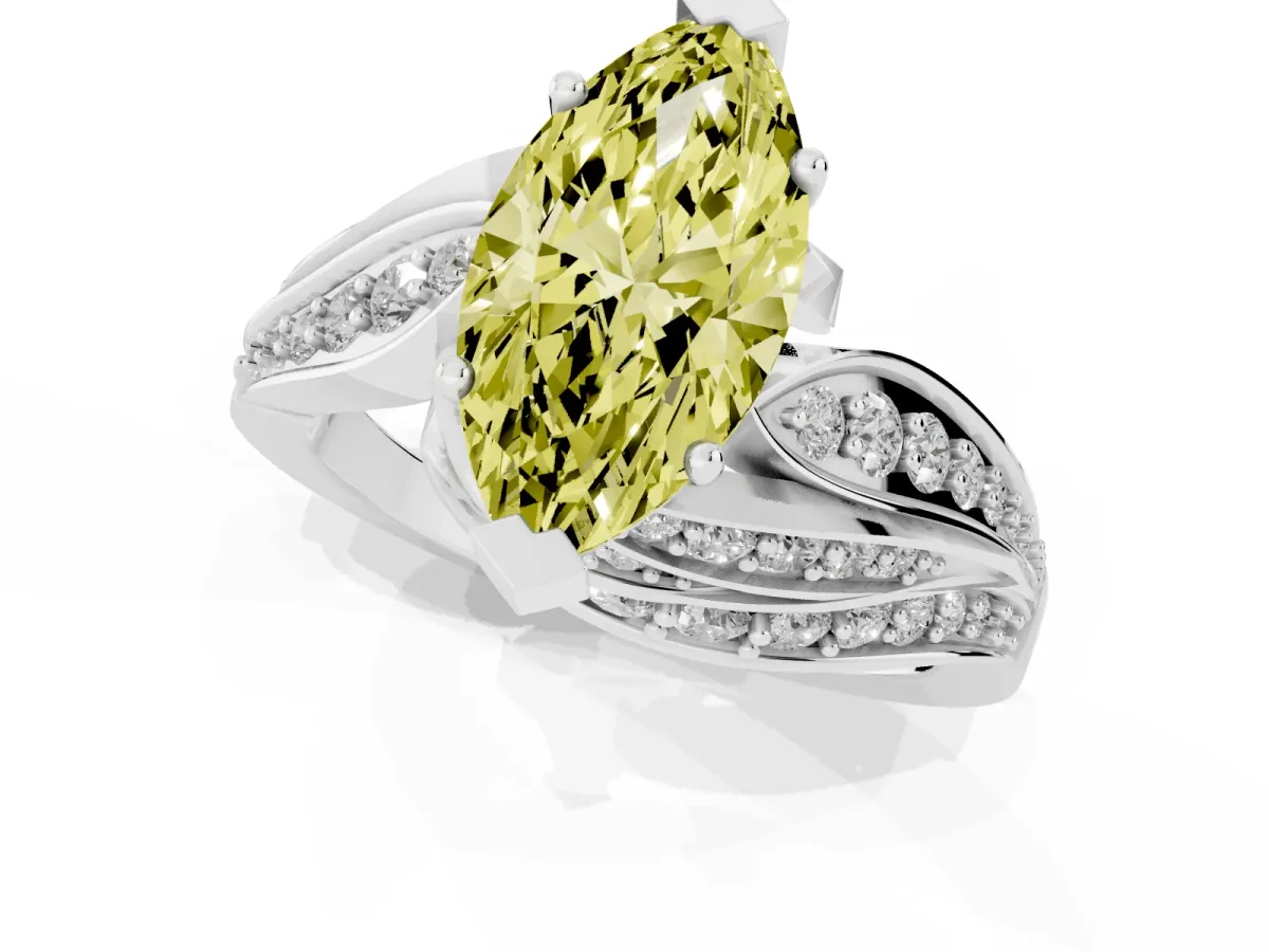 Fancy Yellow Marquise Cut Diamond Solitaire Ring with Prong Setting and Twisted Pavé Band Platinum