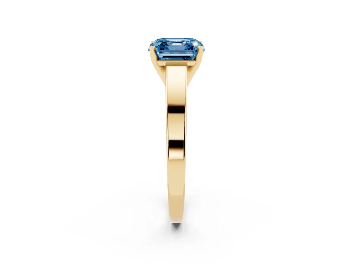 Fancy Blue Asscher Cut Solitaire Engagement Ring with Four-Prong Setting and Tapered Band Yellow gold