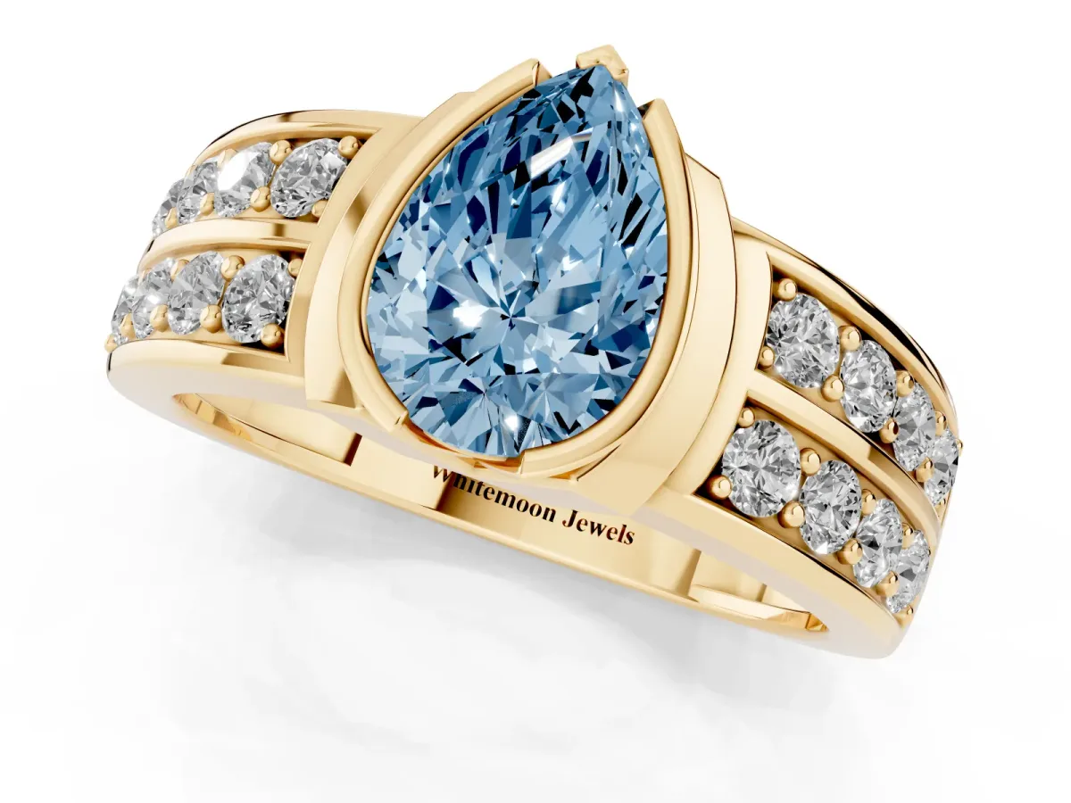 Fancy Blue Pear Cut Brilliant Diamond Channel Set Wide Band Ring with Bezel Setting Yellow gold