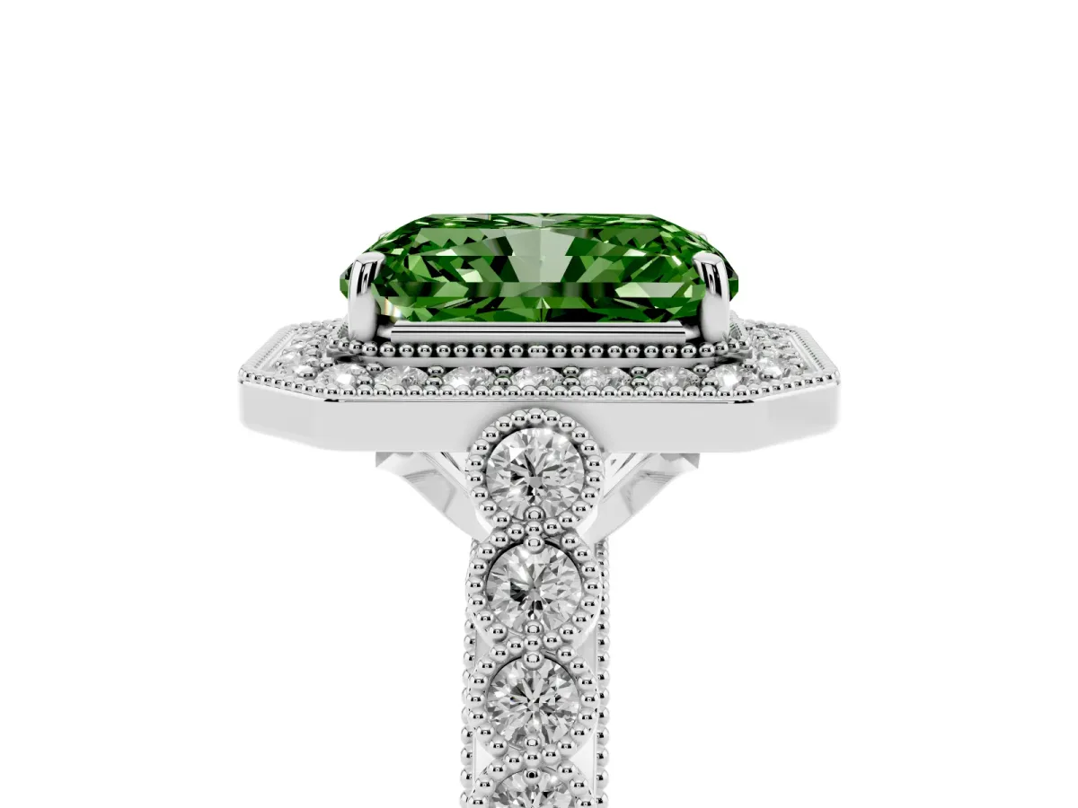 Fancy Green Radiant Cut Halo Milgrain Solitaire with Bezel Set Side Stones and Pave Band Silver