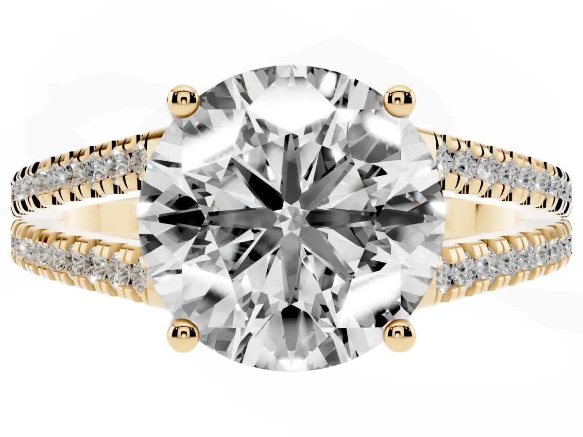 Round Cut Diamond Solitaire Engagement Ring with Split Shank Pavé Band Yellow gold
