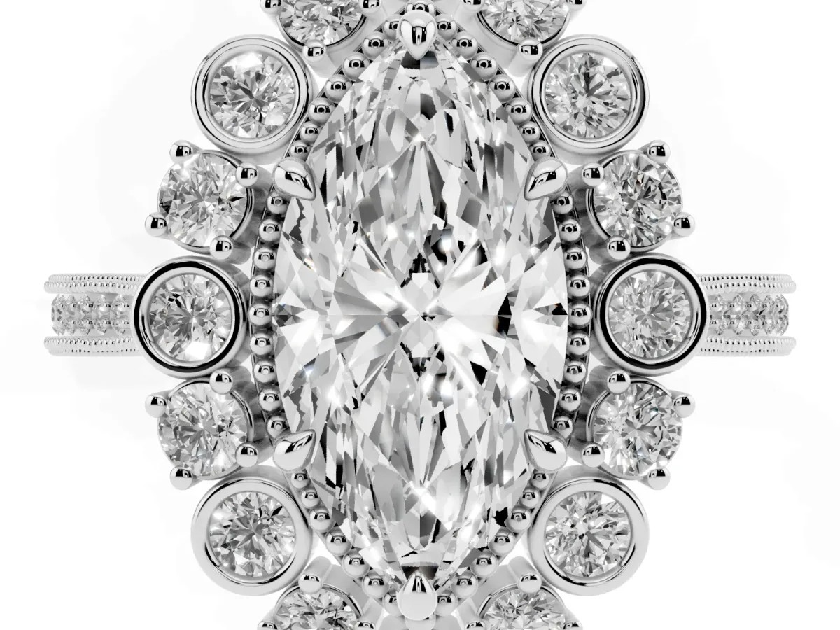 Marquise Cut Halo Milgrain Pave Diamond Ring with Four-Prong Setting Silver